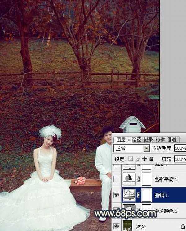 Photosho将公园婚片调制出漂亮的暗红色