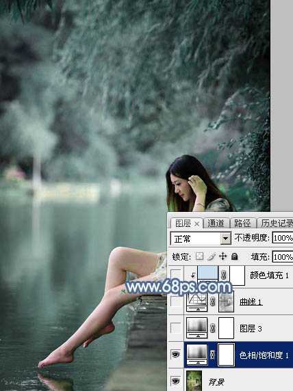 Photoshop打造出唯美的秋季青蓝色塘边的美女图片