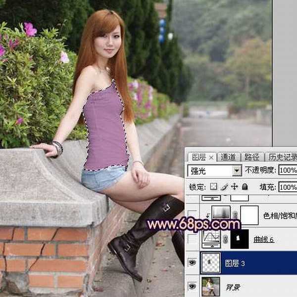 Photoshop为景区美女更换衣服颜色增加昏暗的高对比晨曦色