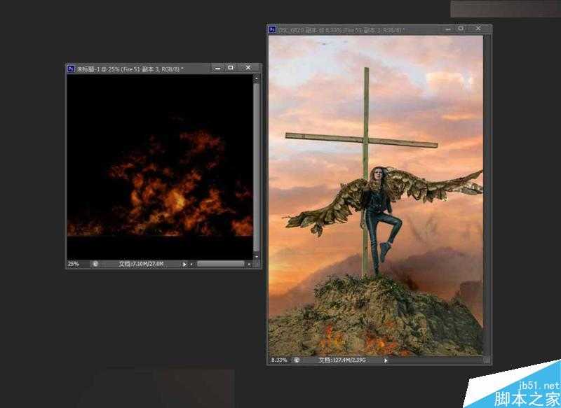 Photoshop给十字架上天使照片添加火焰燃烧的特效