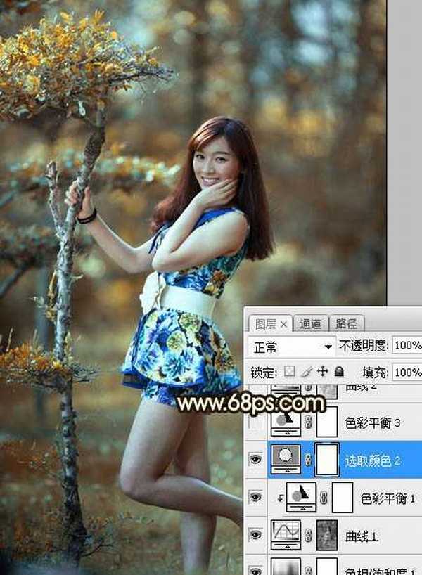 Photoshop调制出甜美的黄褐色树边人物图片